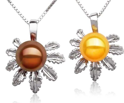 Chocolate and Gold 8mm Freshwater Pearl with Palm Leaf Designer Pendants, 16in Silver Chain