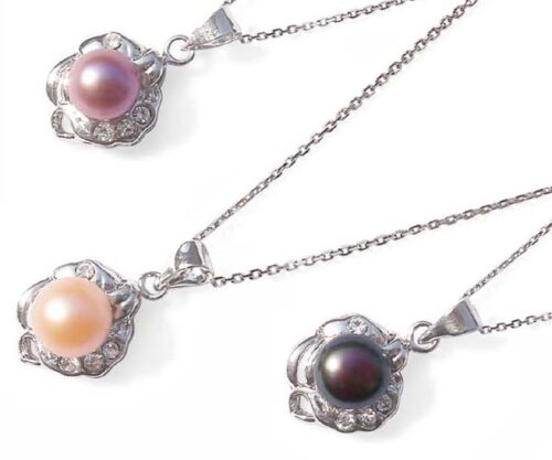 Pink, Mauve and Black 7-8mm Pearl Pendants with 4 Cz Diamonds
