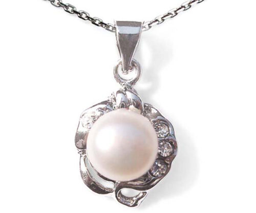 7-8mm White Pink Mauve and Black Pearl Pendant with 4 Cz Diamonds, 16in Silver Chain