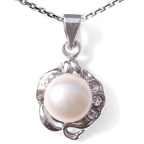 7-8mm White Pink Mauve and Black Pearl Pendant with 4 Cz Diamonds, 16in Silver Chain
