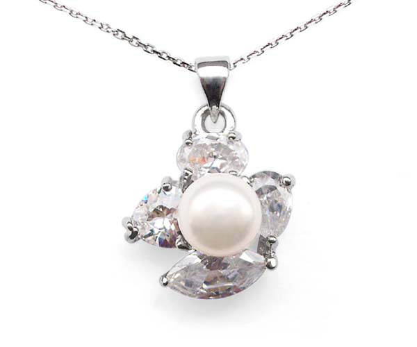 White 7-8mm Irregular Designer Pearl Pendant Surrounded by 4 Cz Diamonds