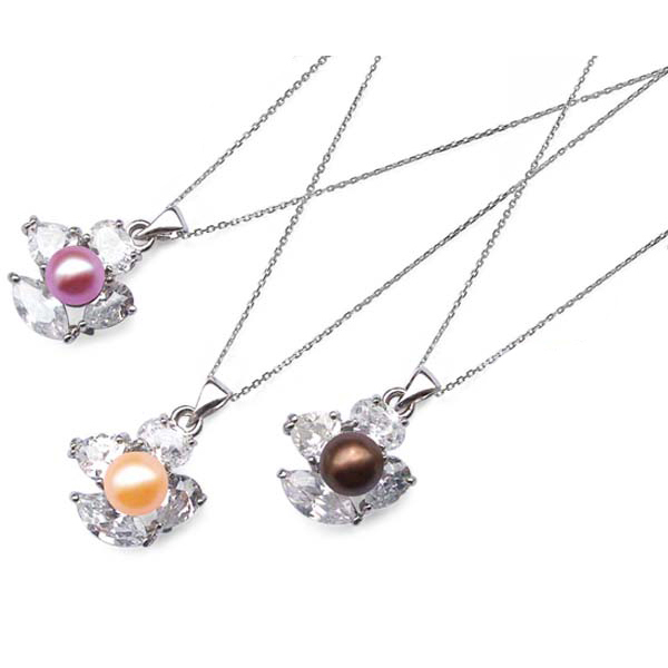 7-8mm Irregular Designer Pearl Pendant Surrounded by 4 Cz Diamonds