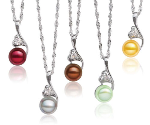 Cranberry, Grey, Chocolate, Light Green and Gold 8-9mm Pearl Pendants and Heart in Hand Design, 925 SS Chains