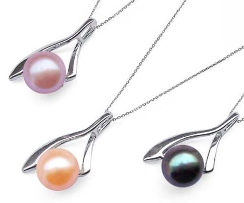 Mauve, Pink and Black 8-9mm Pearl Pendants in Half Leaf Design, 16in Silver Chain