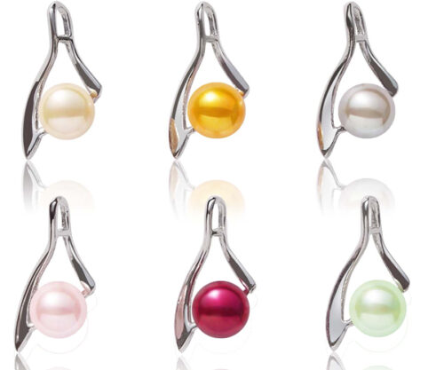 White, Gold, Grey, Baby Pink, Cranberry and Light Green 8-9mm Pearl Pendants in Half Leaf Design, 16in Silver Chain