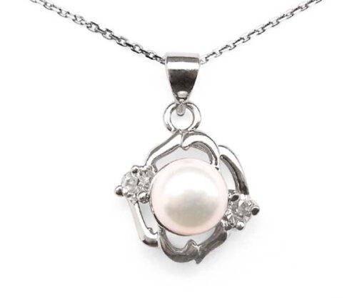 White 7-8mm Symmetrical Pearl Pendant with Two Cz Diamonds, 16inch Silver Chain