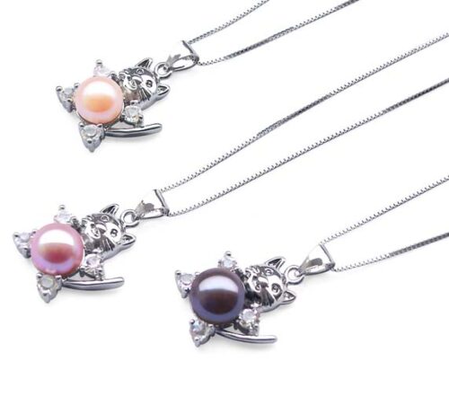 Mauve, Pink and Black 8-9mm Pearl Necklaces in Kitty Design with Translucent Cz Diamonds