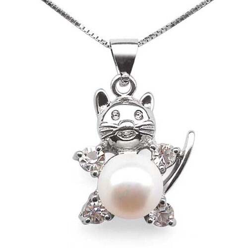 8-9mm Pearl Necklace in Kitty Design with Translucent Cz Diamonds