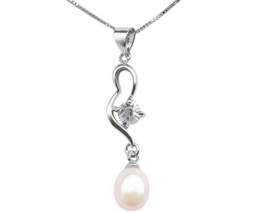 Genuine 7-8mm Pearl Pendant with CZ Diamond 925 Sterling Silver Chain
