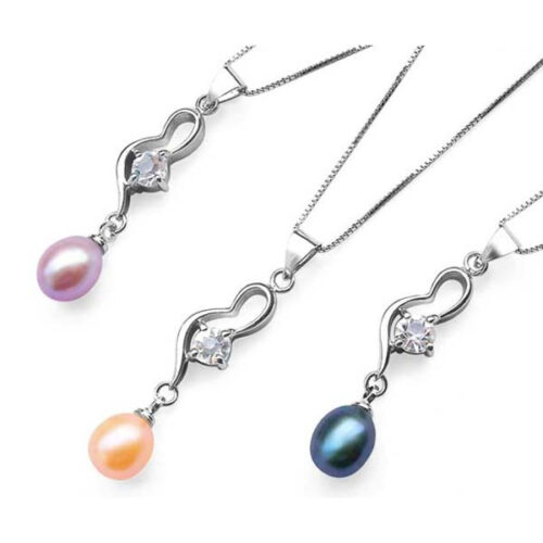Genuine 7-8mm Pearl Pendant with CZ Diamond 925 Sterling Silver Chain