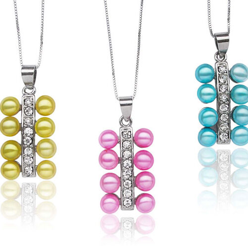 Dark Olive Green, Hot Pink and Turquoise Rectangle Pearl Pendants with 8 CZ Diamonds in the Middle, 16in