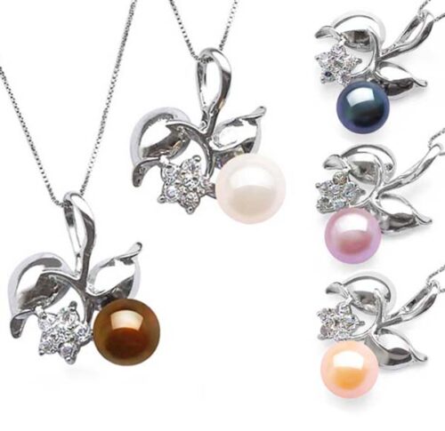 Chocolate, White, Black, Mauve and Pink 9-10mm Cherry Shaped Pearl Pendants, Free 16in Silver Chain