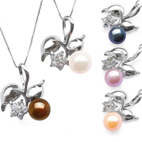 Chocolate, White, Black, Mauve and Pink 9-10mm Cherry Shaped Pearl Pendants, Free 16in Silver Chain