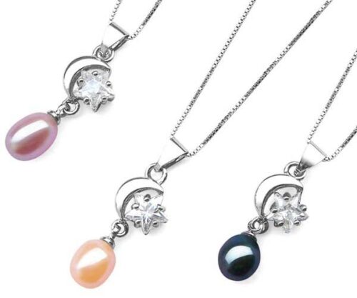 Pink, Mauve and Black 7-8mm Drop Pearl Pendants in Moon and Star Design, 16in Silver Chain, 18K WG Overlay