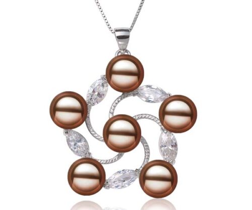 Chocolate 8-9mm Pearls in Flower Shaped Pendant, 16in Silver Chain