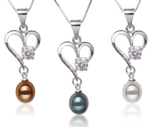 Chocolate, Black and Grey Heart Shaped Pearl Pendants with a Round Cz Diamond, Free Chain