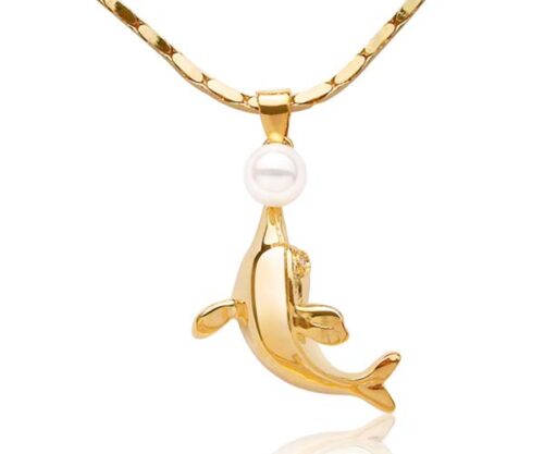 White 6-7mm Pearl and Dolphin Shaped Pearl Pendant, 18K YG, Free Chain