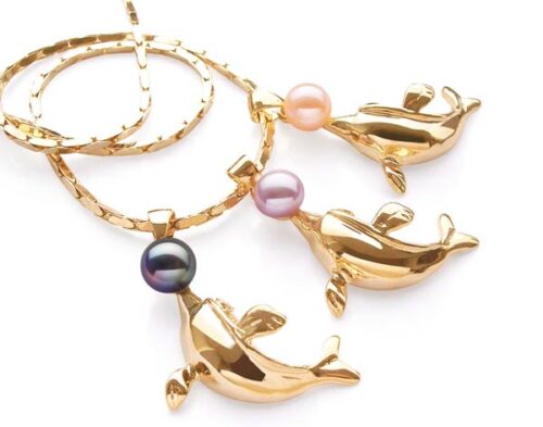 Black, Mauve and Pink 6-7mm Pearl and Dolphin Shaped Pearl Pendants, 18K YG, Free Chain