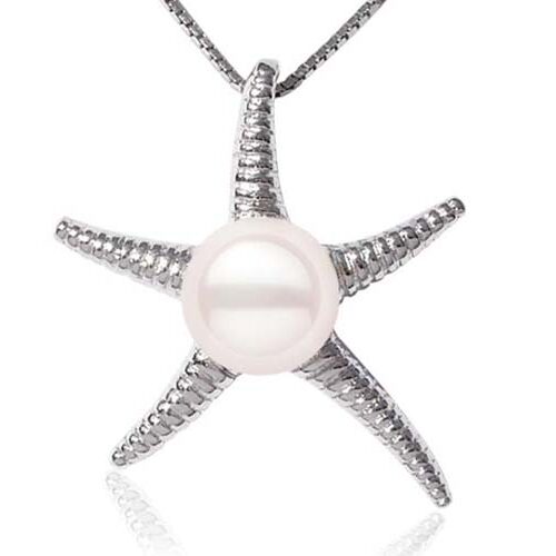 White 6-7mm Pearl Pendant in Starfish Design, 16in Silver Chain
