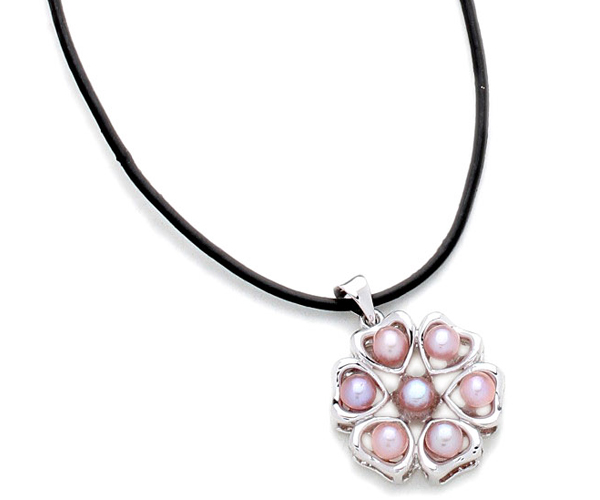 Mauve 4-5mm Pearl Six-Heart Pendant, 18K WG Overlay, Free Leather Cord