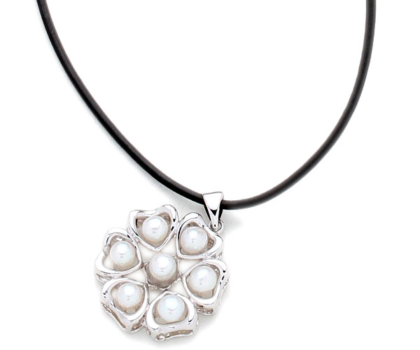 White 4-5mm Pearl Six-Heart Pendant, 18K WG Overlay, Free Leather Cord