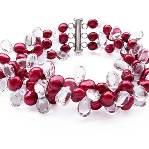 Cranberry 3 Row Freshwater Pearls and Crystal Bracelet, 925 SS