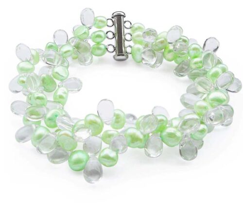 Light Green 3 Row Freshwater Pearls and Crystal Bracelet, 925 Sterling Silver