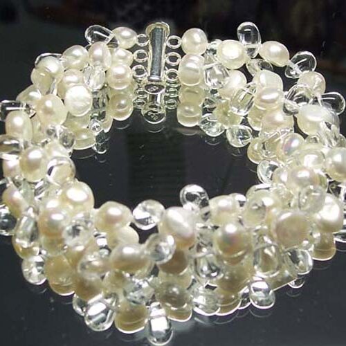White 3 Row Freshwater Pearls and Crystal Bracelet, 925 SS