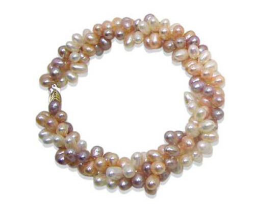 Twisted 3 Row Multi-Color Pearl Bracelet in 14k Gold