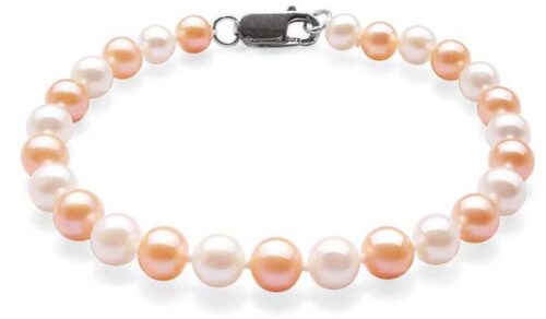White/Pink 6-7mm Round Pearl Bracelet, 925 Silver Clasp