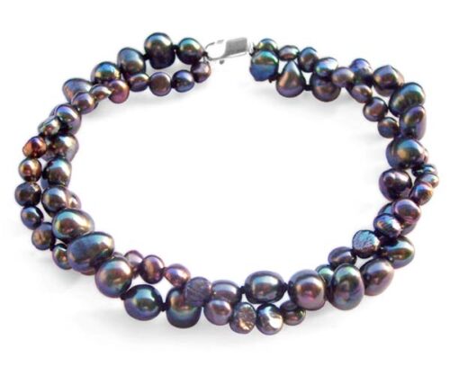 Black 3.4-4mm or 5.5-7mm, 2 Rows Blue Baroque Pearls