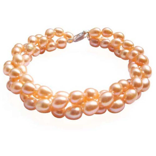Pink Multi-strand Three Rows Rice Pearl Bracelets, 925 Sterling Silver