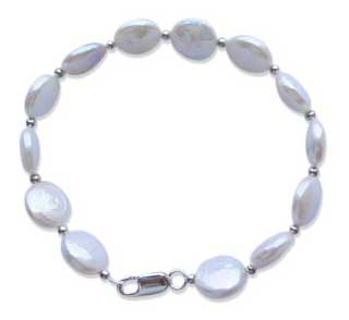 White 12mm Round Coin Pearl Bracelet 925 Sterling Silver