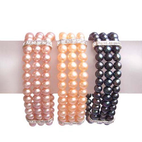Mauve, Pink and Black 6-6.5mm, Three Rows of Round Pearl Pearl Bracelets in Cz
