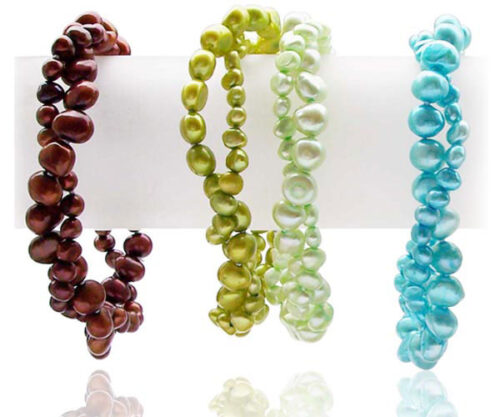 chocolate, olive green, and blue colored 2-Row Baroque Pearl Bracelets