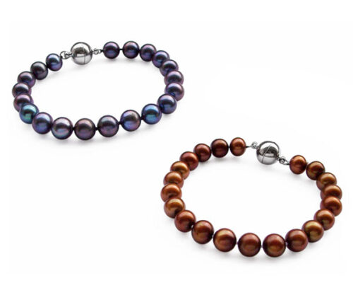 Black and Chocolate 8-9mm AA Round Pearl Bracelets, Magnetic Clasp