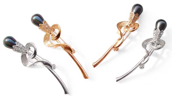 Peacock Black and Tahitian Black Pearl brooches in 18ky or 18kwg overlay