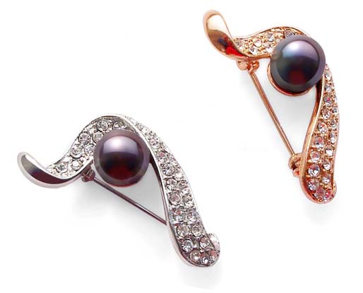 Black 9-10mm Pearl Brooch with CZ Diamonds, 18K WG and YG