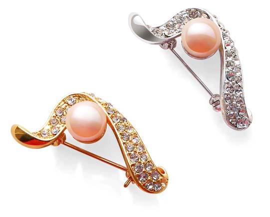Pink 9-10mm Pearl Brooch with CZ Diamonds, 18K WG and YG