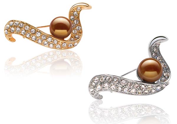 Chocolate 9-10mm Pearl Brooch with CZ Diamonds, 18K WG and YG