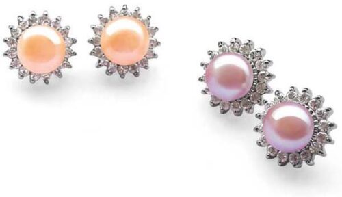 Pink and Mauve 9-10mm Pearl Earrings in Sunflower Design, 925 Sterling Silver