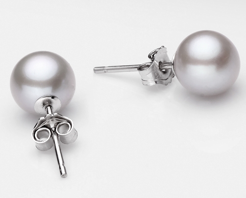Grey 7-8mm AAA- Round Pearl Stud Earrings, 925 Sterling Silver