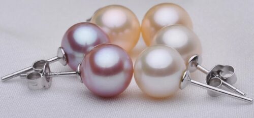 White, Pink and Mauve 7-8mm AAA- Round Pearl Stud Earrings, 925 Sterling Silver