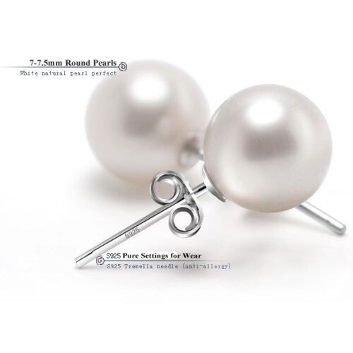 7-8mm AAA- Truly Round Pearl Stud Earrings 925 Silver