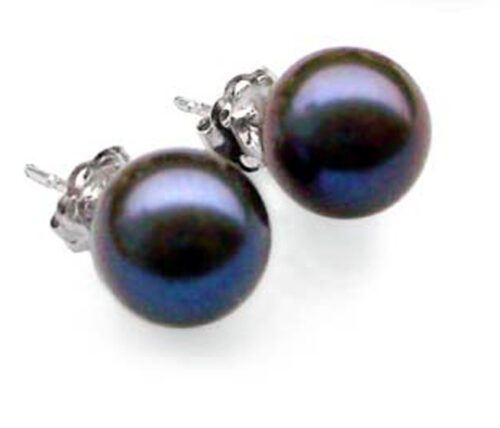 Truly Round Black Pearl Stud Earrings 925 Silver
