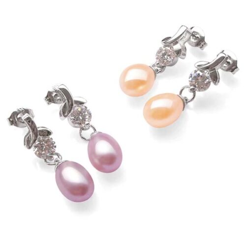 Mauve and Pink High Quality 7-8mm Teardrop Pearl Earrings in 925 Sterling Silver with a Round Cz Diamond