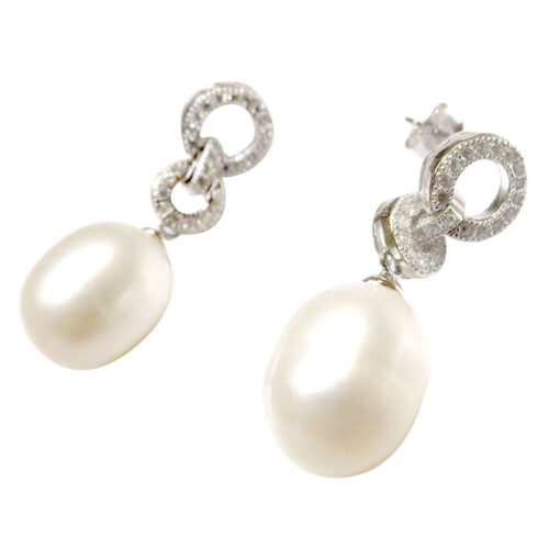925 Sterling Silver Drop Pearl Dangling Earrings in 2 Circles