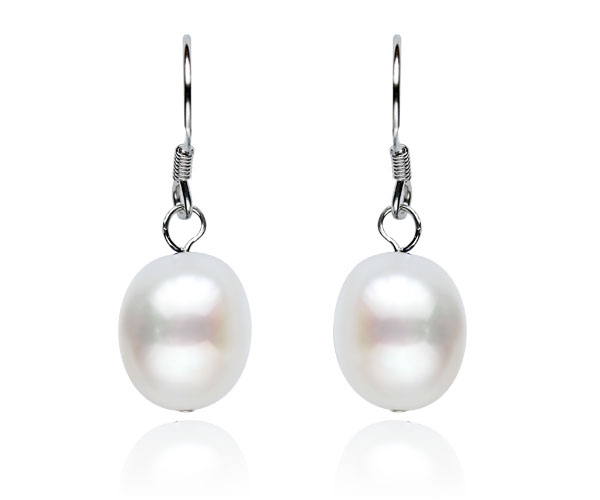 White 9-10mm Baroque Pearl Earrings, 925 Sterling Silver