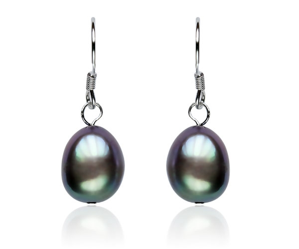 Black 9-10mm Baroque Pearl Earrings, 925 Sterling Silver