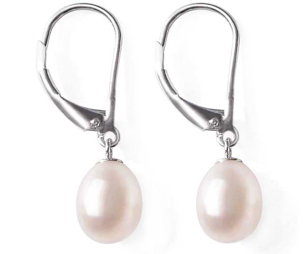7-8mm Large White Drop Pearl Silver Leverback Earrings